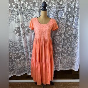 Vintage 90s Peach FADS Floral Embroidered Cotttagecore Fairycore Tiered Dress